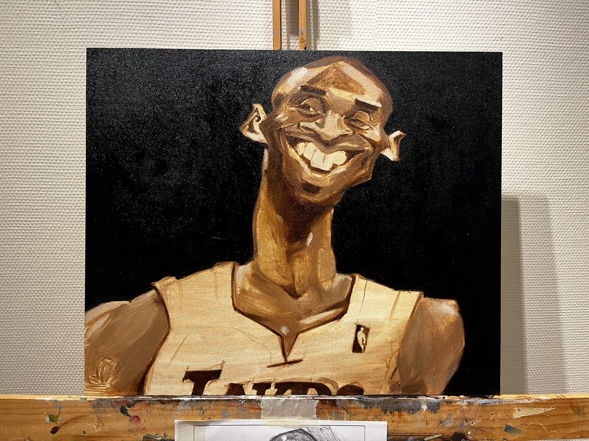dmtrdotnl's tweet photo. Kobe Bryant underpainting is ready. Up next: color! #Kobebryant #Lakers #oilpainting #caricature #BlackMamba #groningen #netherlands https://t.co/b53kSRVEIL