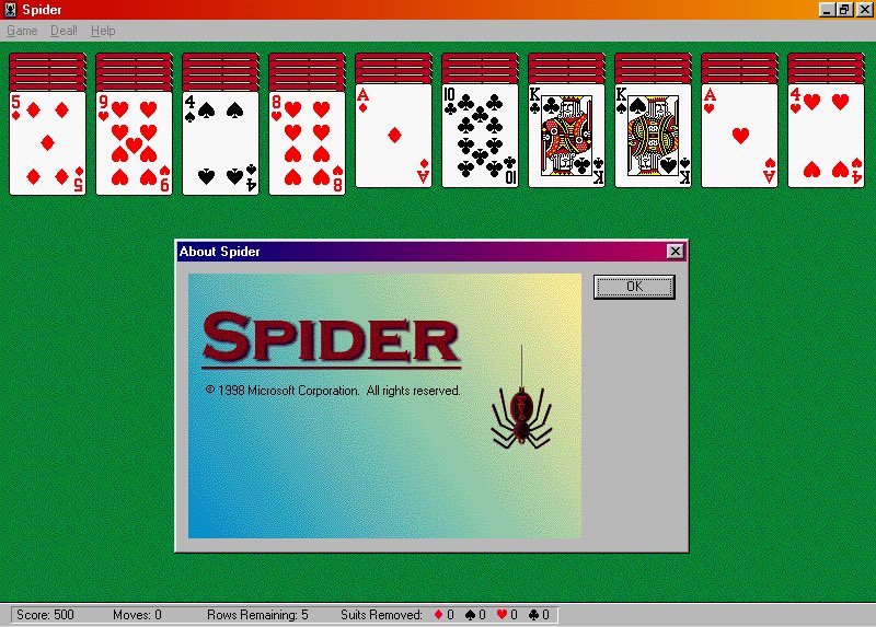 wowstartsnow's tweet photo. Spider Solitaire is a card game that debuted in the Microsoft Plus! software pack for Windows 98 (1998). It was included with Windows starting with Windows Me (2000). By 2005, it was apparently the most played game on Windows PCs. Its final appearance was in Windows 7 (2009). 🕷️ https://t.co/qa6gn7jJF2
