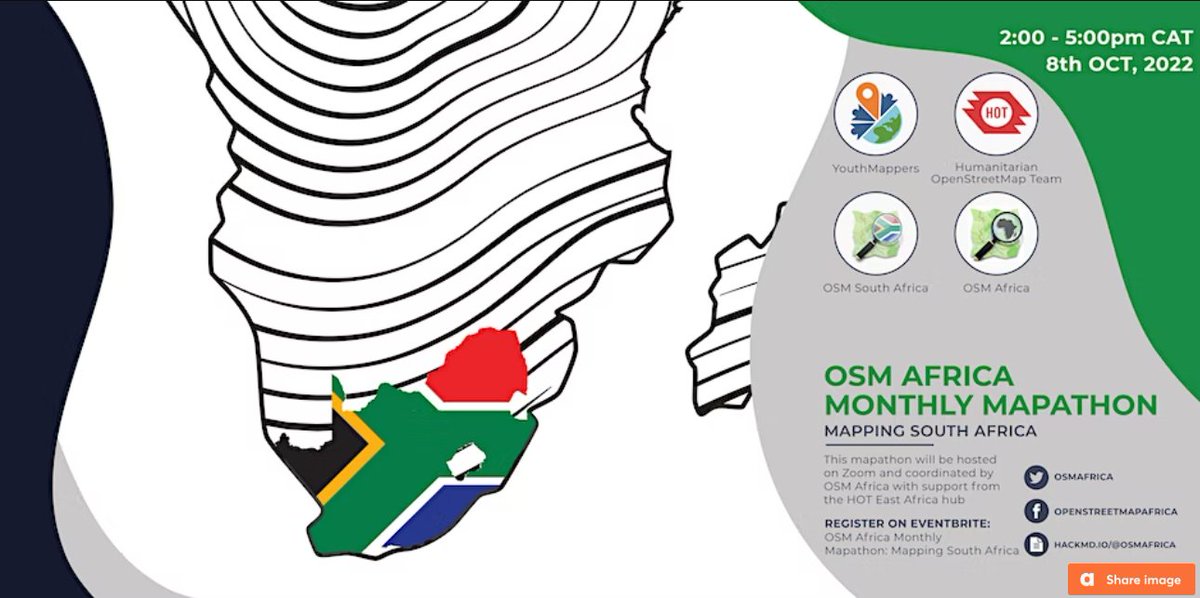 Join <a href="/osmafrica/">OpenStreetMap Africa</a>, OSM South Africa, <a href="/youthmappers/">YouthMappers</a>, and us this Saturday for the monthly OSM Africa mapathon, starting at 12pm UTC!

There will be breakout rooms by skill level and language; all are welcome! eventbrite.com/e/osm-africa-o…