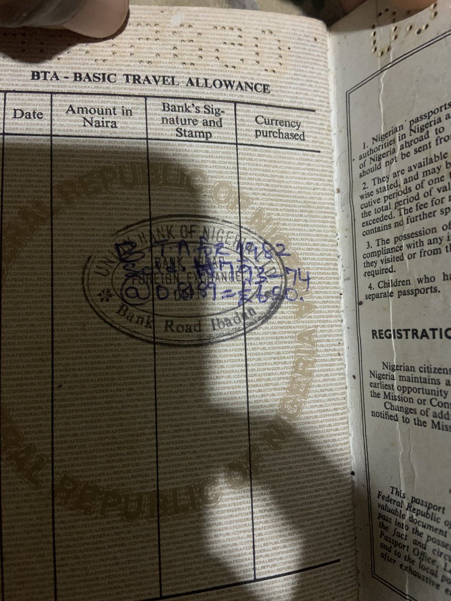 ruffydfire's tweet image. I stumbled on my mum’s 1982 passport,she got BTA,793 Naira was 650pounds.1 pound was 0.8189 Naira.
40 years after,1 pound is 865Naira.