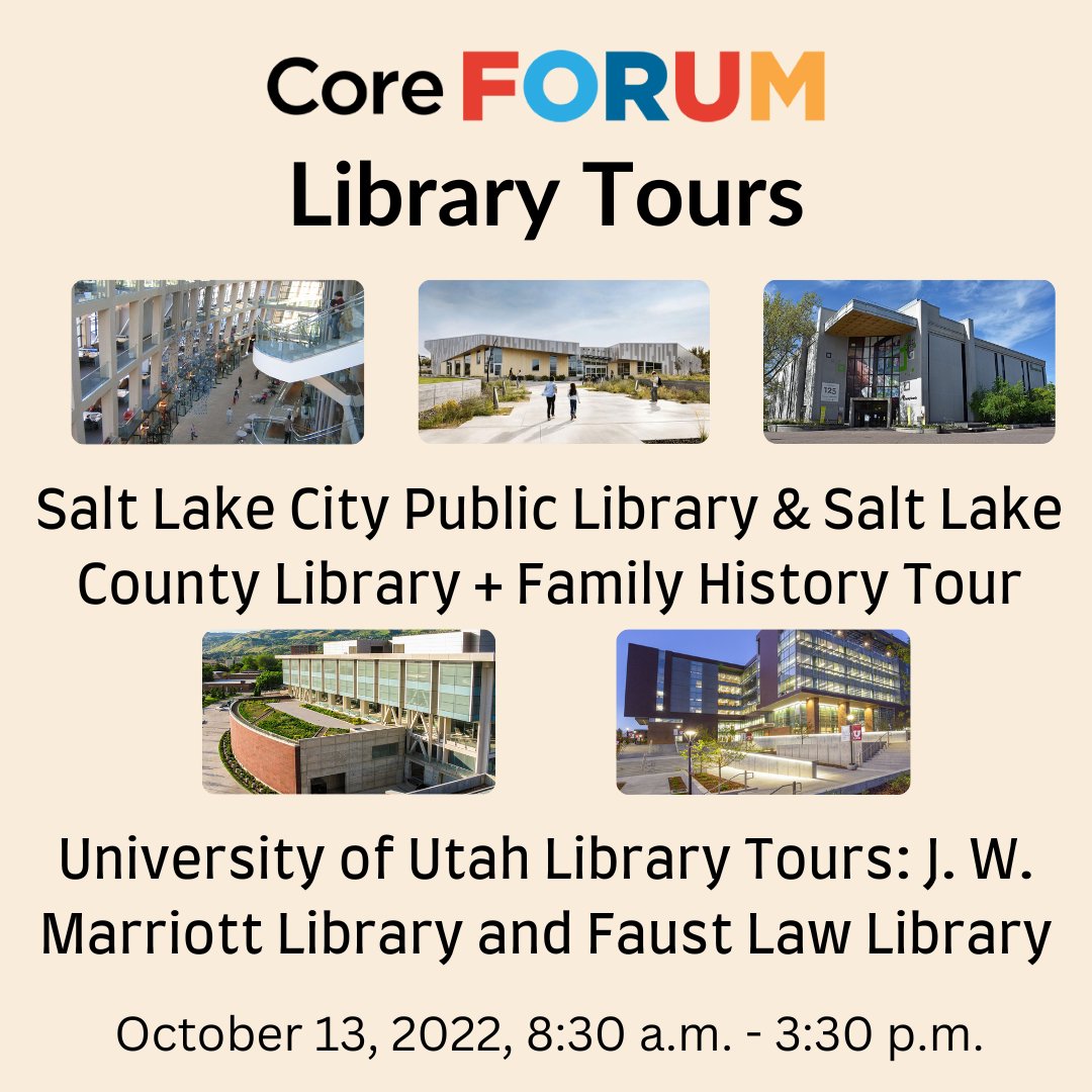 ALA_Core's tweet photo. Core is hosting several tours of prominent and unique libraries in Salt Lake City during Forum 2022 on October 13! Learn more and sign up on our Forum Preconferences page: https://t.co/zeRn9eEJZS #utahlibraries #coreforum2022 https://t.co/xPAhTRpwfb