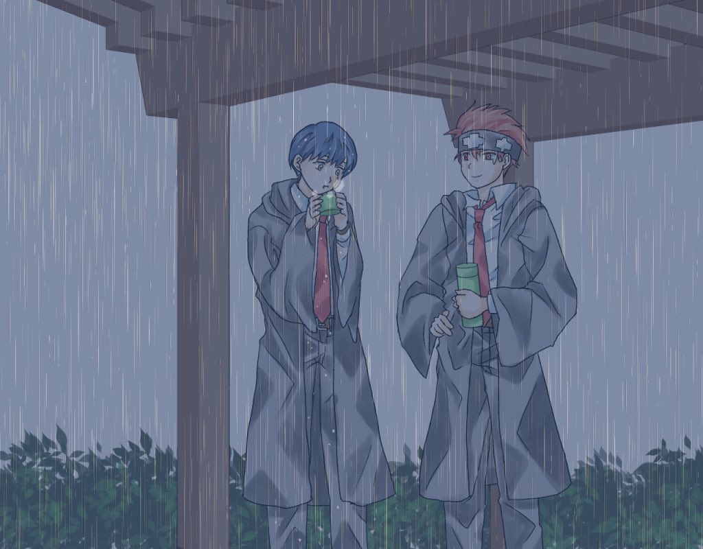 koneko_ku's tweet photo. 雨に降られるマッシュ君の続きでアドラ寮一年組

屋根のある所まで連れてこうとするレモンちゃんと水分拭いてくれるフィン君と上着を貸してあげるランス君とあったかい紅茶持ってきてくれるドット君みたいな

人数多すぎて下絵段階でもうギブで全体的に超手抜き https://t.co/IEzUC2d2eX