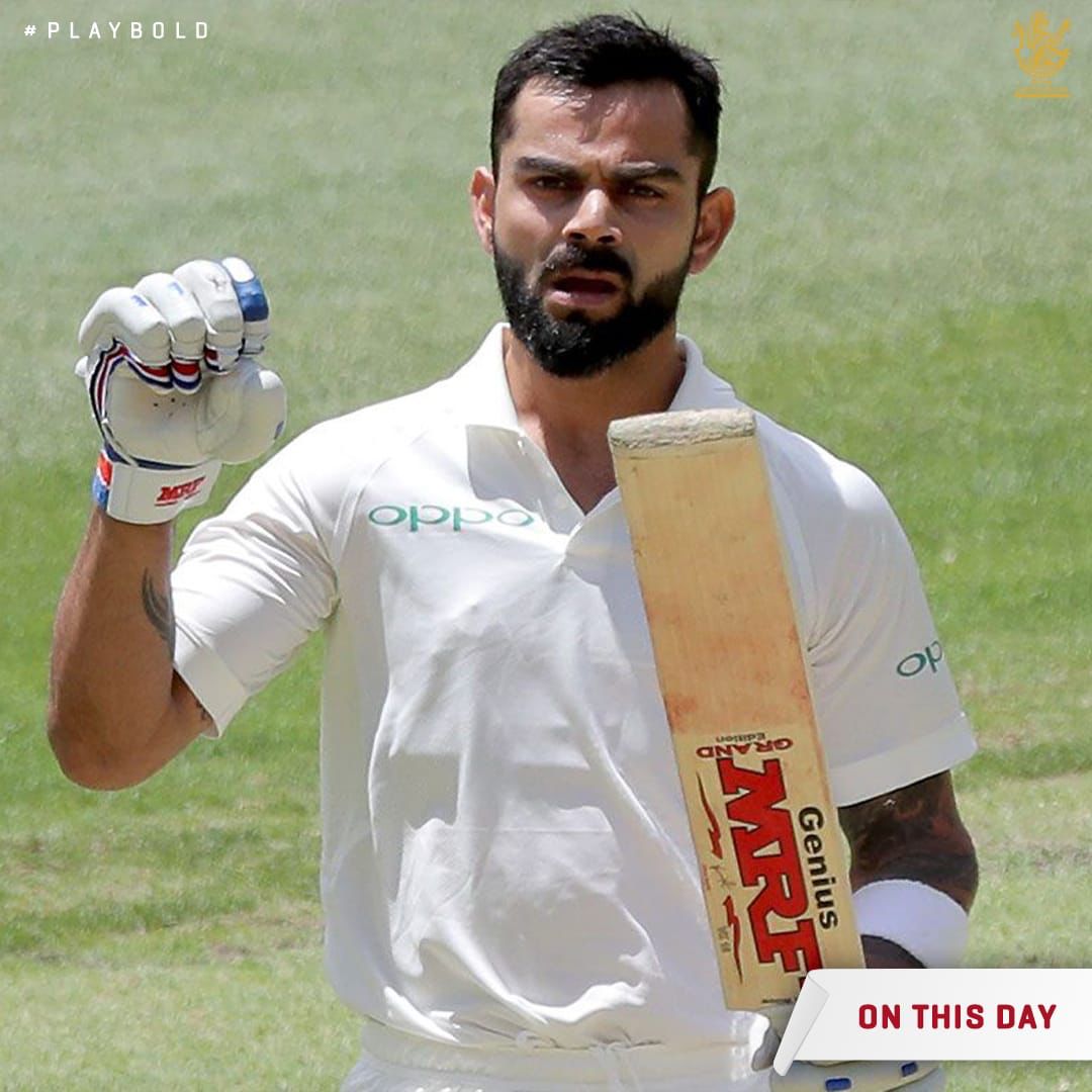 RCBTweets's tweet photo. #OnThisDay in 2️⃣0️⃣1️⃣8️⃣, @imVkohli brought up his 2️⃣4️⃣th Test 💯, scoring 1️⃣3️⃣9️⃣ and helping 🇮🇳 beat West Indies by an innings and 272 runs at Rajkot. 🙌🏻

#PlayBold #TeamIndia https://t.co/bywQbbRJfo
