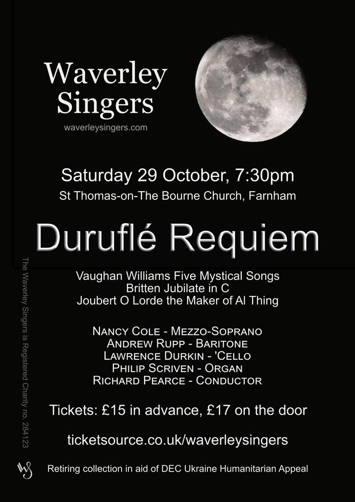 Our Autumn concert is on Saturday 29 October at St Thomas-on-The Bourne Church in #Farnham, featuring works by Britten, Joubert, and Vaughan Williams, plus the ever-popular Durufle Requiem. See our website for details of our soloists and how to buy tickets waverleysingers.com/post.htm?post=…