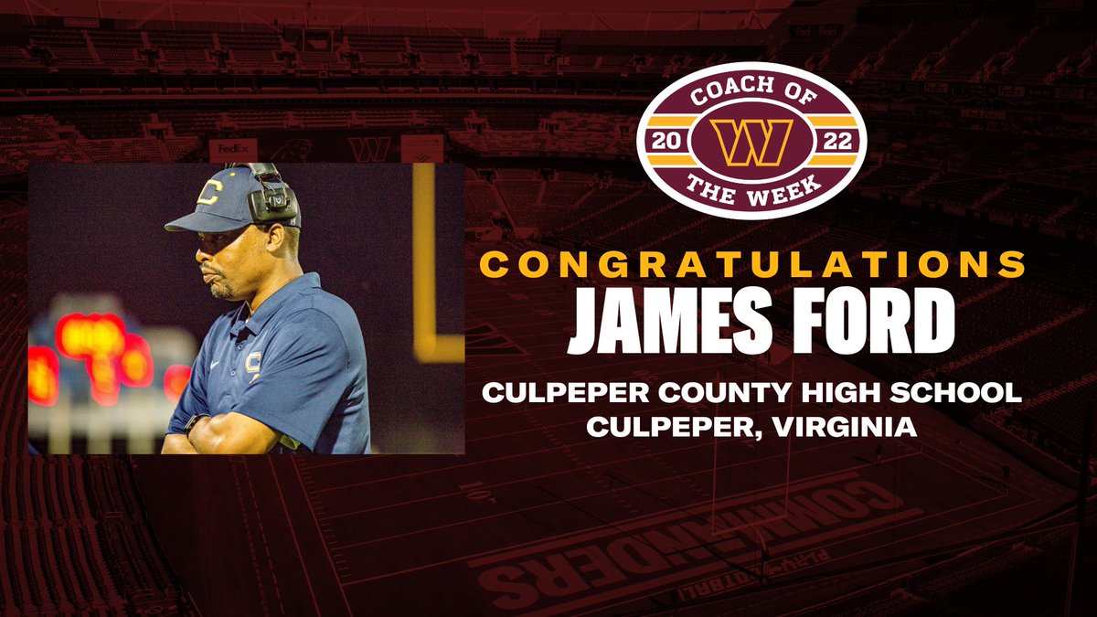 commandersCR's tweet photo. Congrats to our Commanders High School Coach of the Week winner, James Ford from Culpeper County High School! Coach Ford is known as a role model and fighter, leading the Blue Devils while battling Leukemia.

Read the full story: https://t.co/4RDNjy6nr6 https://t.co/xacvfkOBSr