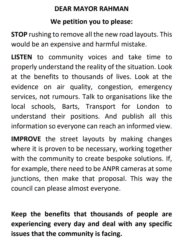 SaveBGstreets's tweet photo. Meeting of Tower Hamlets council takes place tomorrow evening. Our petition, which with 3094 signatures is the second highest ever on the council's website, will be debated. Here's what we will be asking Mayor @LutfurRahmanTH : https://t.co/FUVjsH1kWl