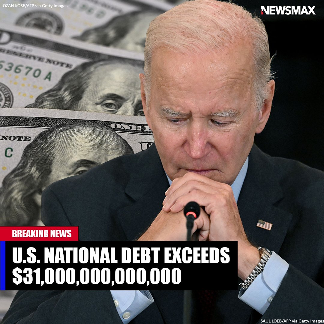 NEWSMAX's tweet photo. BREAKING: The United States national debt has topped $31 trillion, data from the Treasury Department has revealed. https://t.co/bJNnGEyJrs https://t.co/dkk4uVQ8qY