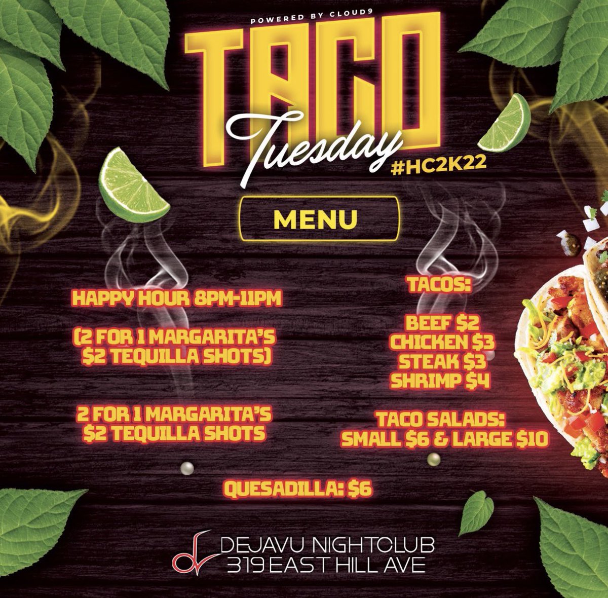 thegirlkiri's tweet photo. October 11th😈
Taco Tuesday Homecoming Edition 🌮
VSU Free All Night & Everyone Free Until 11pm‼️
DJ RAGU & Banks On Crowd Control🔥
Happy Hour 8pm-11pm🤪🥃
@cloud9vsu #Da9☁️ #HigherLevels #HC2K22 https://t.co/DjPIDXdAzV
