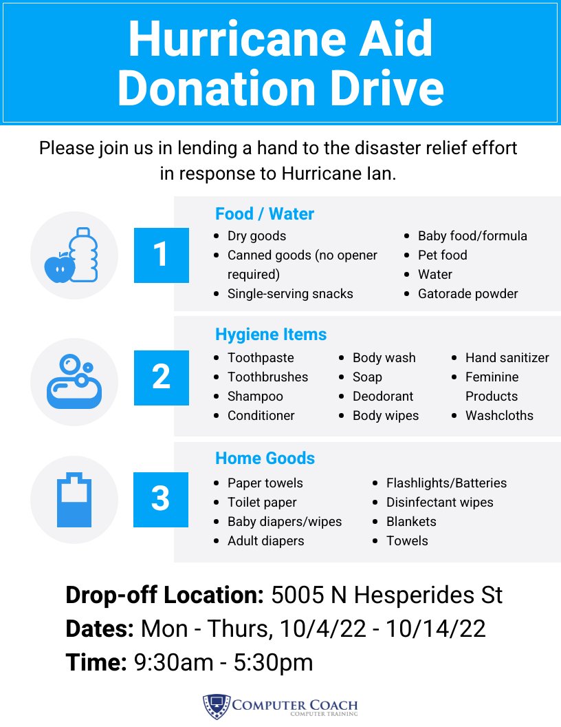 ComputerCoach's tweet photo. Computer Coach has coordinated a donation drive to help with disaster relief efforts in the wake of Hurricane Ian. Please join us as we work together to help those in need! Our drop-off location is contactless and clearly marked. #computercoach #hurricaneianaid #donation https://t.co/Y3zi98SpKu