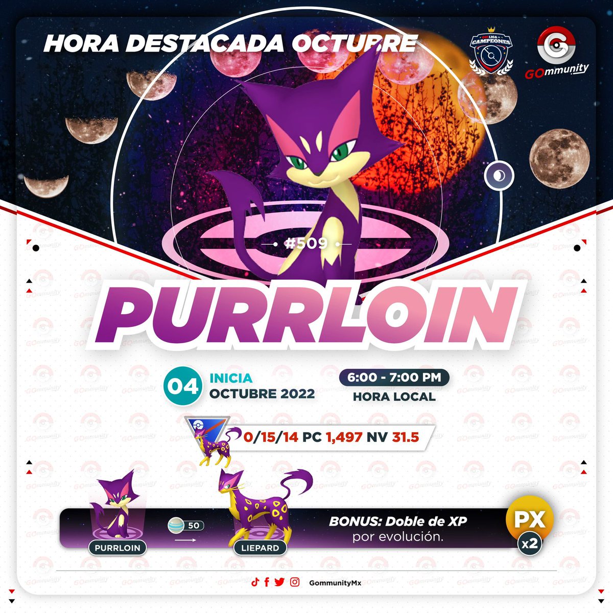 pogoldc's tweet photo. ¡Hoy tenemos hora destacada! De 6 a 7 PM hora local, Purrloin aparecerá con más frecuencia. Aprovecha el bono de doble experiencia por evolución y usa un huevo suerte para subir de nivel. https://t.co/YHuXYZPCmf