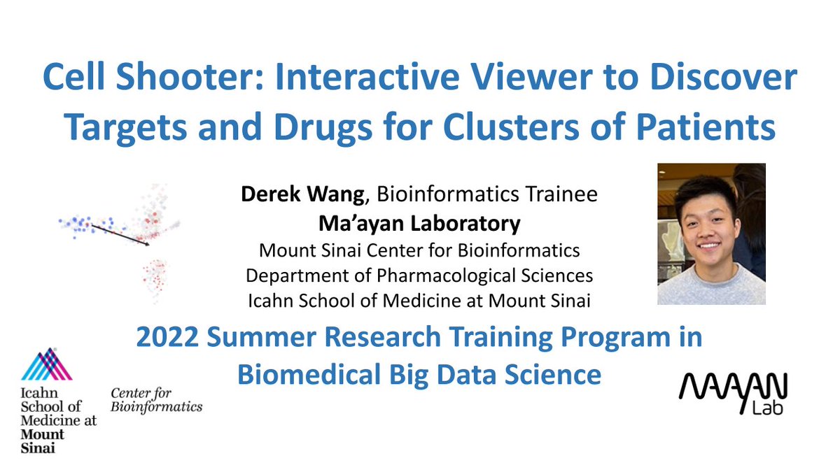 AviMaayan (@avimaayan) on Twitter photo Derek Wang, one of our talented <a href="/BD2KLINCSDCIC/">BD2K-LINCS DCIC</a> 2022 summer scholars developed #CellShooter cell-shooter.dev.maayanlab.cloud An interactive viewer to discover #targets & #drugs for clusters of patients & single cells with <a href="/LINCSProgram/">LINCS Program</a> data. Presentation: youtu.be/01chm8-c7-Y <a href="/MaayanLab/">Ma'ayan Lab</a> Derek Wang, one of our talented <a href="/BD2KLINCSDCIC/">BD2K-LINCS DCIC</a> 2022 summer scholars developed #CellShooter cell-shooter.dev.maayanlab.cloud An interactive viewer to discover #targets & #drugs for clusters of patients & single cells with <a href="/LINCSProgram/">LINCS Program</a> data. Presentation: youtu.be/01chm8-c7-Y <a href="/MaayanLab/">Ma'ayan Lab</a>