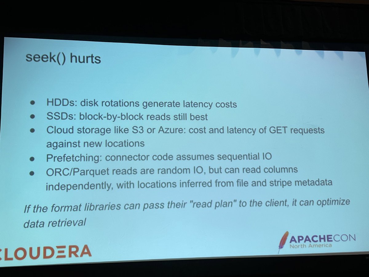 At ApacheCon talk by @mmthakur1203 from @cloudera about adding the async vectored io read api to @hadoop and @apacheorc. Improves TPC/DS benchmark performance using ORC by 20-40%.