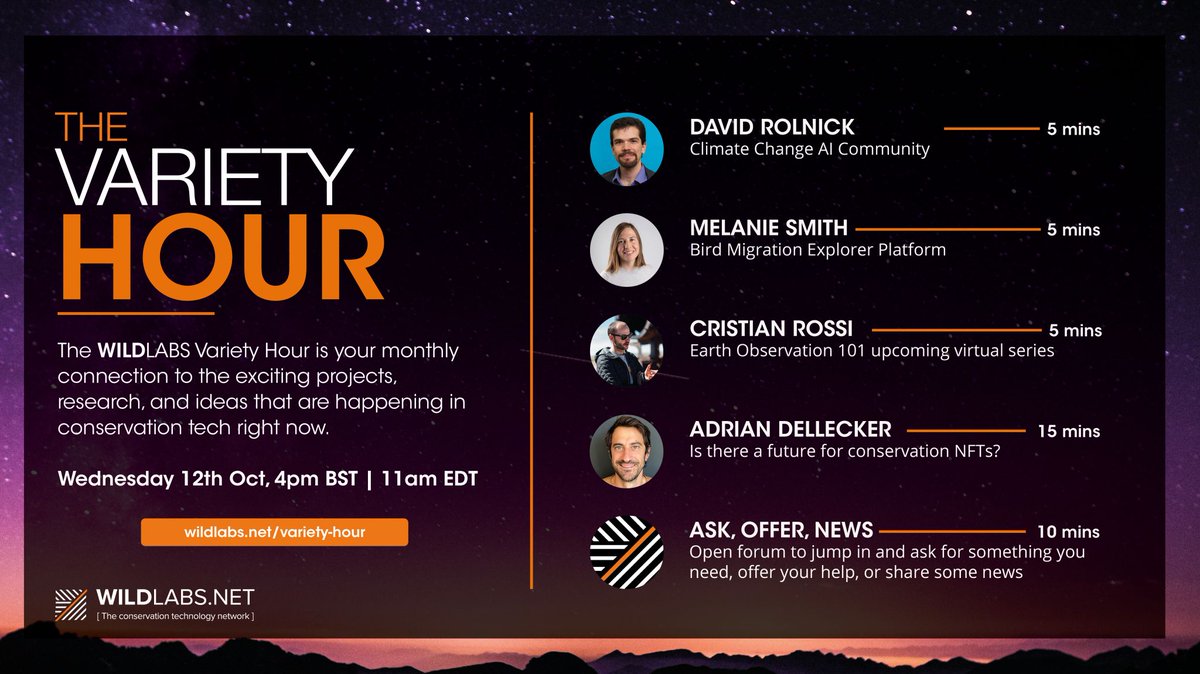 WILDLABSNET's tweet image. Come along on 12 October at 4 PM BST for this month's WILDLABS Variety Hour! Connect with our community, chat with #tech4wildlife experts, and learn about the latest tools and news happening in conservation tech! 

RSVP here:
eventbrite.co.uk/e/427184338857