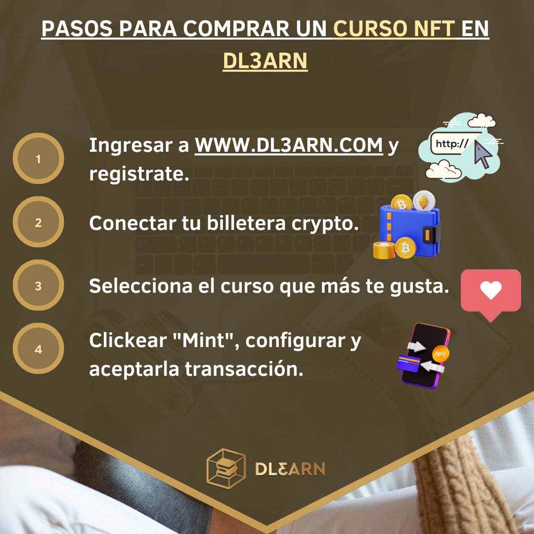 dl3arn's tweet photo. Con estos 4 sencillos pasos podrás obtener tu curso #NFT en nuestra plataforma. Para más información detallada, acerca de los mismos, tenemos un instructivo simple y concreto, llamado "Mi Primer NFT" en #DL3ARN. Con este vas a poder iniciarte en el mundo de la #Web3 . https://t.co/7oDzohxfsQ