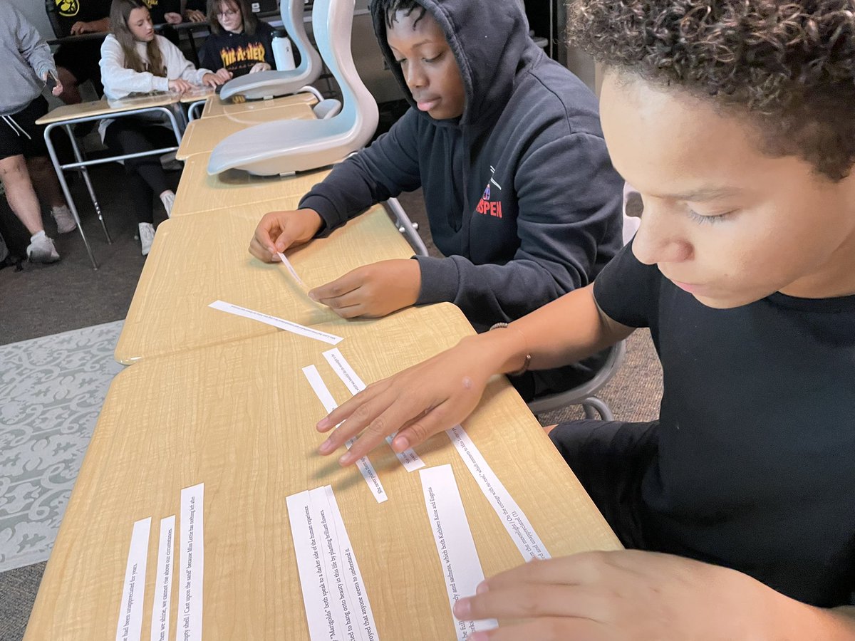 emilysparkles's tweet photo. Instead of asking my 9th graders to simply evaluate another mentor text, I decided to incorporate some puzzle/hands-on work by simply cutting it into sentence strips. Engagement was higher than I expected and conversations were good!
#sepolk
(Students granted photo permission) https://t.co/wkFayCvmk0