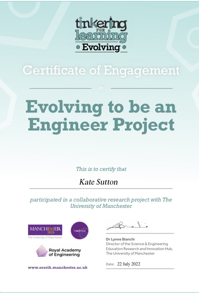 katesutton70's tweet photo. Delighted to receive this certificate today @UoMSEERIH @LynneBianchi @RAEngNews having taken part @burlingtonjnr in the Progressing and subsequently ‘Evolving to be an Engineer’ research projects over recent years #EngineeringatPrimary #CareersEdatPrimary #tinkeringforlearning https://t.co/0O4bezQ3W6