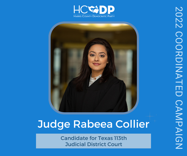 harrisdemocrats's tweet photo. Judge Rabeea Collier is running for reelection to the 113th District Court! Named 2021 Jurist of the Year by the Texas Chapters of ABOTA, Collier chairs the county’s jury committee &amp; serves on the curriculum committee for the Texas Center for the Judiciary. #VoteBlue https://t.co/7iAkn6M7cJ