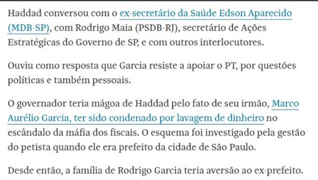 A verdade é que Rodrigo Garcia apoiou o forasteiro carioca e o miliciano, porque o Haddad desvendou uma escândalo de magia de fiscais, da qual o irmão do Rodrigo fazia parte e foi condenado por lavagem de dinheiro.