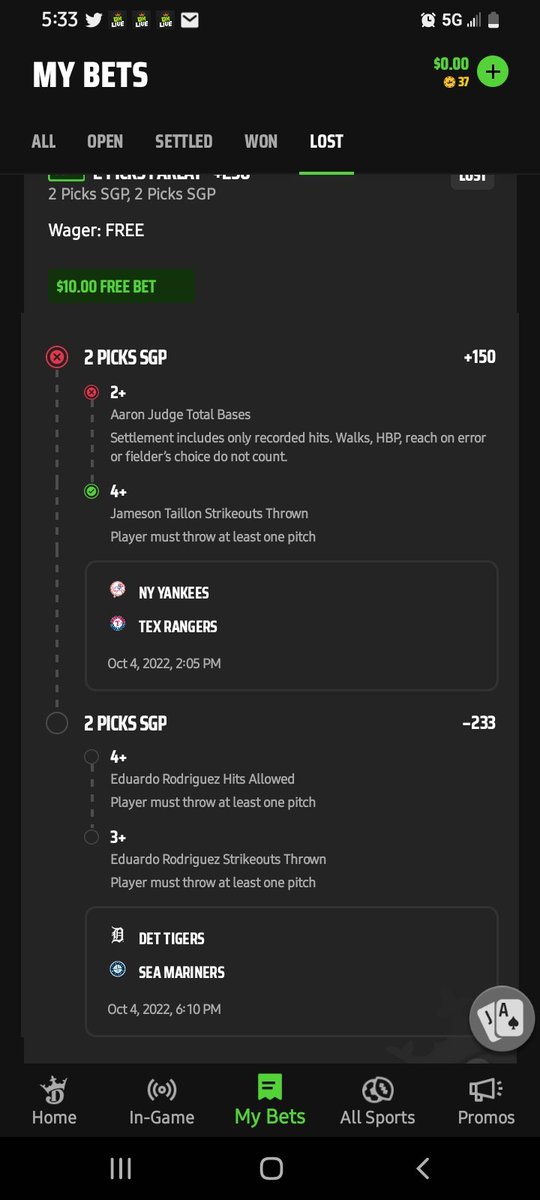 Kyle Dobson (@l7obbiel7og) on Twitter photo Man you fooled me <a href="/DKSportsbook/">DraftKings Sportsbook</a>
<a href="/DraftKings/">DraftKings</a> #draftkings
I know it's a free bet but this is confusing me. 
Only one base can be recorded each hit? why not just call it total hits?
Judge had a Hit Run In and achieved 4 bases tonight how did I lose? Man you fooled me <a href="/DKSportsbook/">DraftKings Sportsbook</a>
<a href="/DraftKings/">DraftKings</a> #draftkings
I know it's a free bet but this is confusing me. 
Only one base can be recorded each hit? why not just call it total hits?
Judge had a Hit Run In and achieved 4 bases tonight how did I lose?