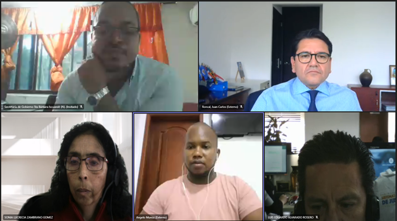 MASC_Colombia's tweet photo. #AEstaHora la Dirección de Métodos del @MinjusticiaCo,el Programa Interamericano de Facilitadores Judiciales @PIFJOEA, @MAPPOEA y Programa #JusticiaInclusiva de USAID se reúnen con #SistemaLocaldeJusticia de Santa Bárbara de Iscuandé (Nar) para presentar la #ConciliaciónEnEquidad https://t.co/7rN5UFYQAt
