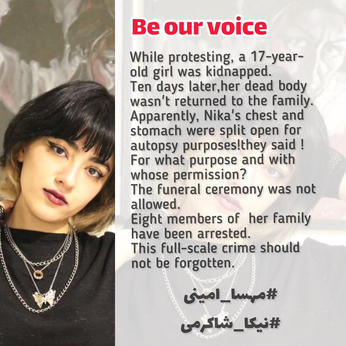 iamfaezzeh's tweet photo. @darushmemar #مهسا_امينی #نیکا_شاکرمی be our voice https://t.co/padgSAX9mP