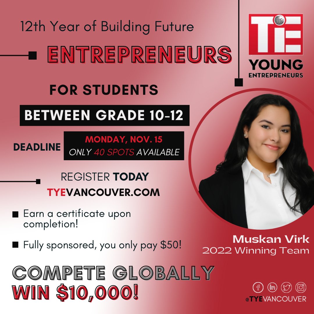 tye_vancouver's tweet photo. Applications are now open for 2022-2023! Know any high school students curious about #enterpreneurship? We'd love to have them apply for our 12th year of teaching students in Grades 10/11/12 the rewards and challenges of becoming an entrepreneur.
Please share: @VSB39 https://t.co/IpQ5imXoDP
