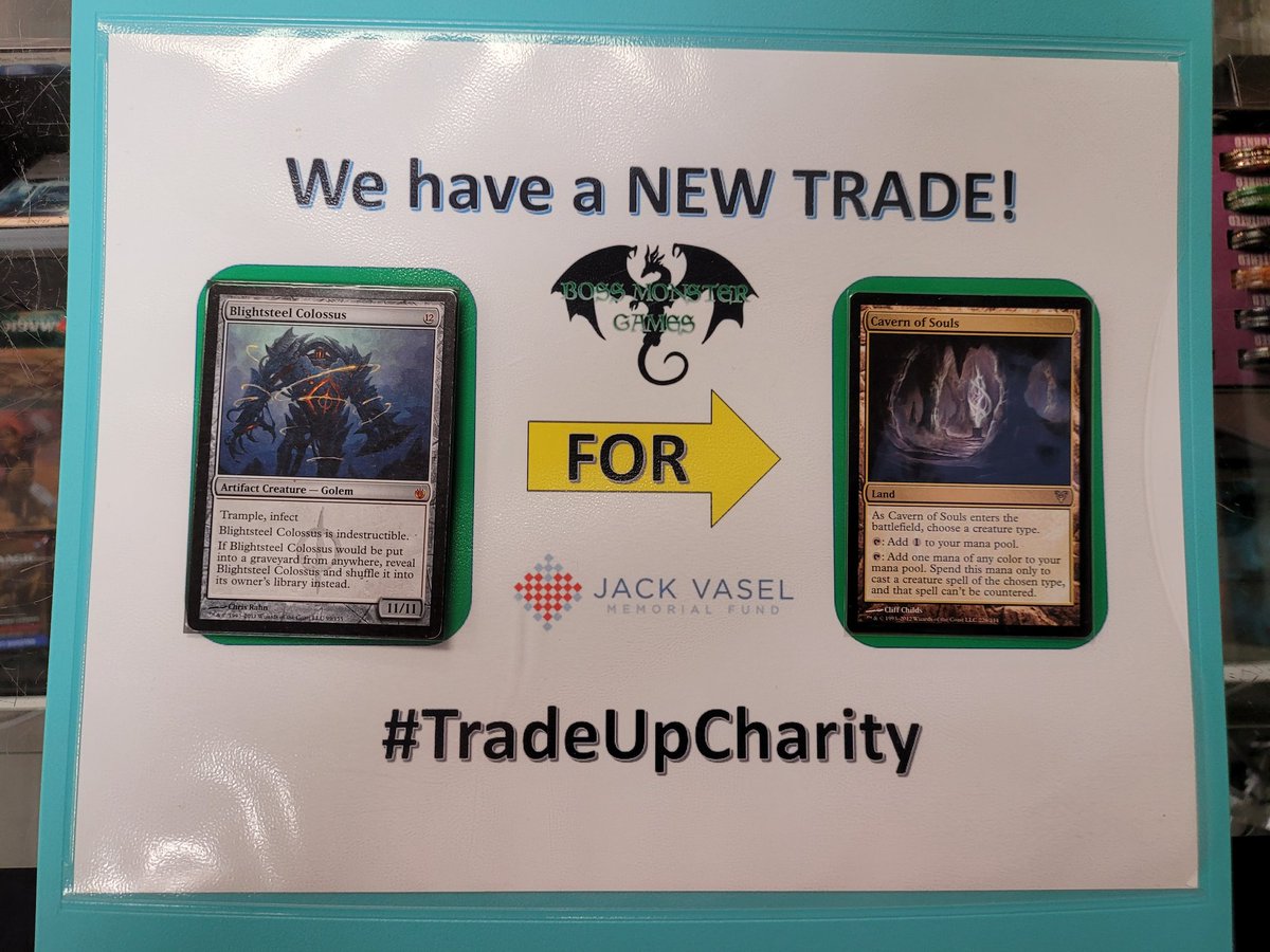 BossMonsterGam1's tweet photo. Cavern has gone to a new home!  We now have a Blighsteel Colossus up for grabs!  #TradeUpCharity https://t.co/J5iwuiZA4Q