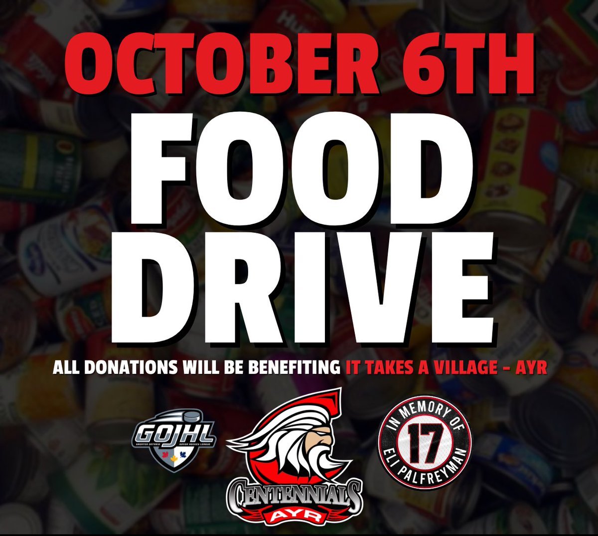 Hey Censnation the <a href="/AyrCentennials/">Ayr Centennials</a> are hosting a food drive this Thursday night !

Let’s help this amazing cause and give back to our community 

<a href="/northdumfries/">Township of North Dumfries</a> <a href="/WoodH_Logistics/">Wood-Hall Logistics</a>  <a href="/jennycharron17/">Jenn Charron</a> @GOJHL <a href="/MitchKlie/">mitch klie</a> <a href="/JustinDasilva90/">Justin Dasilva</a> <a href="/HALLSY22/">Cody J Hall</a> <a href="/DennisMillward1/">DennisMillward</a> <a href="/suzannnekelley/">SUZ💫</a>