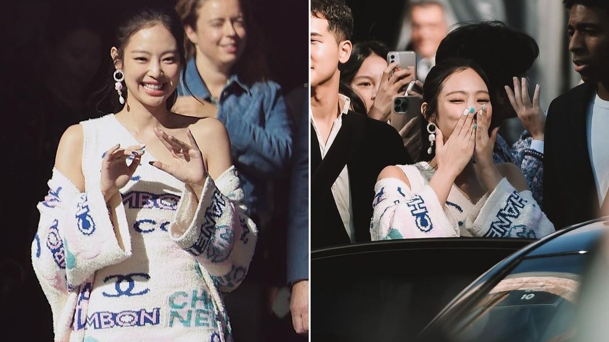 exitoina's tweet photo. #JENNIE DE #BLACKPINK CAUSÓ  EUFORIA EN UN DESFILE EN PARIS 🔥

La cantante y embajadora global de Chanel fue recibida por una multitud mientras era custodiada de cerca tras las amenazas de un acosador. Lució un mini vestido que causó sensación.  👇 https://t.co/M8Su5hXFSk https://t.co/x8awXn1qP6