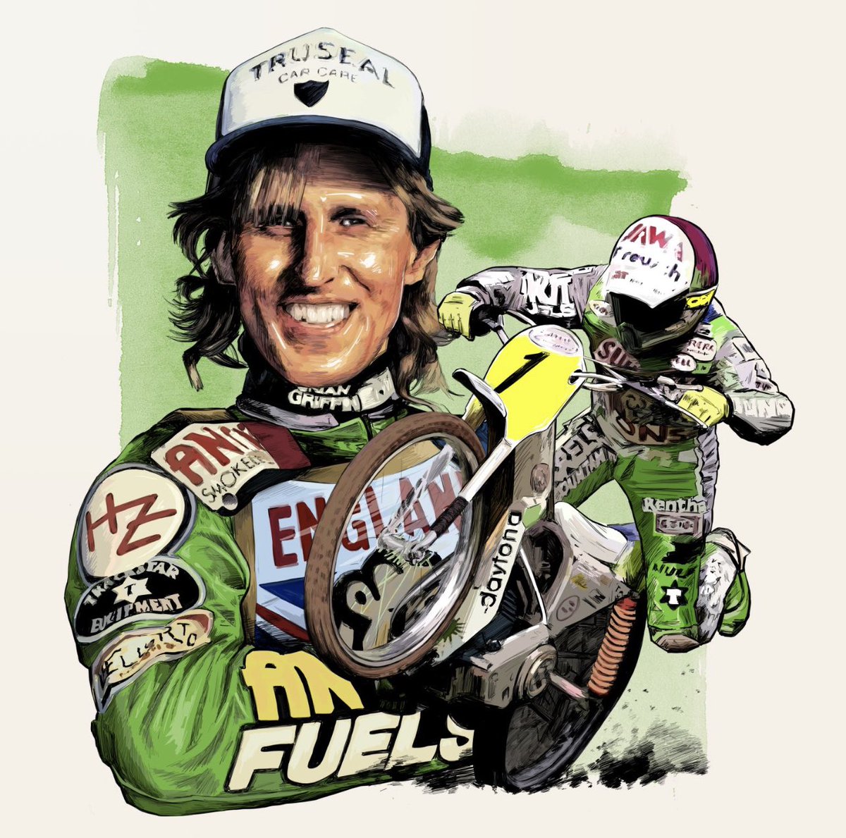 illustrateddave's tweet photo. I’m illustrating sports people by number. No1 is Simon Wigg. 5 times world longtrack champion, not just a hero to me but also someone I was fortunate enough to call a friend. Wiggy rode other numbers to me he was always No1.
#illustration  #grasstrack #speedway #longtrack #wiggy https://t.co/OpZsTFn8d0