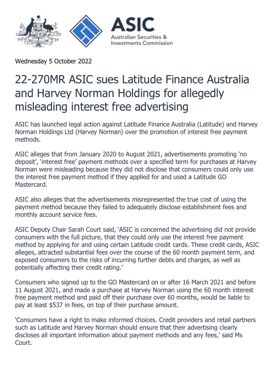 ASIC is suing Latitude Finance and Harvey Norman over allegedly misleading advertising of their ‘interest free’ products