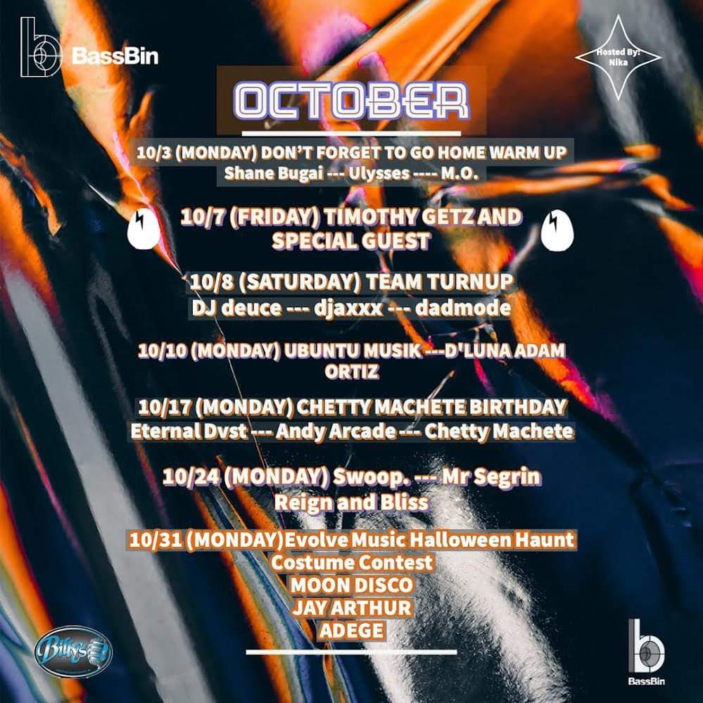 PROTBA's tweet photo. October linup for #BassBin at Billy's Lounge.
#GrandRapids #HouseMusic #BillysLounge #Eastown #DirtyBird #Techno #DanceParty https://t.co/5ccdL7vWIg