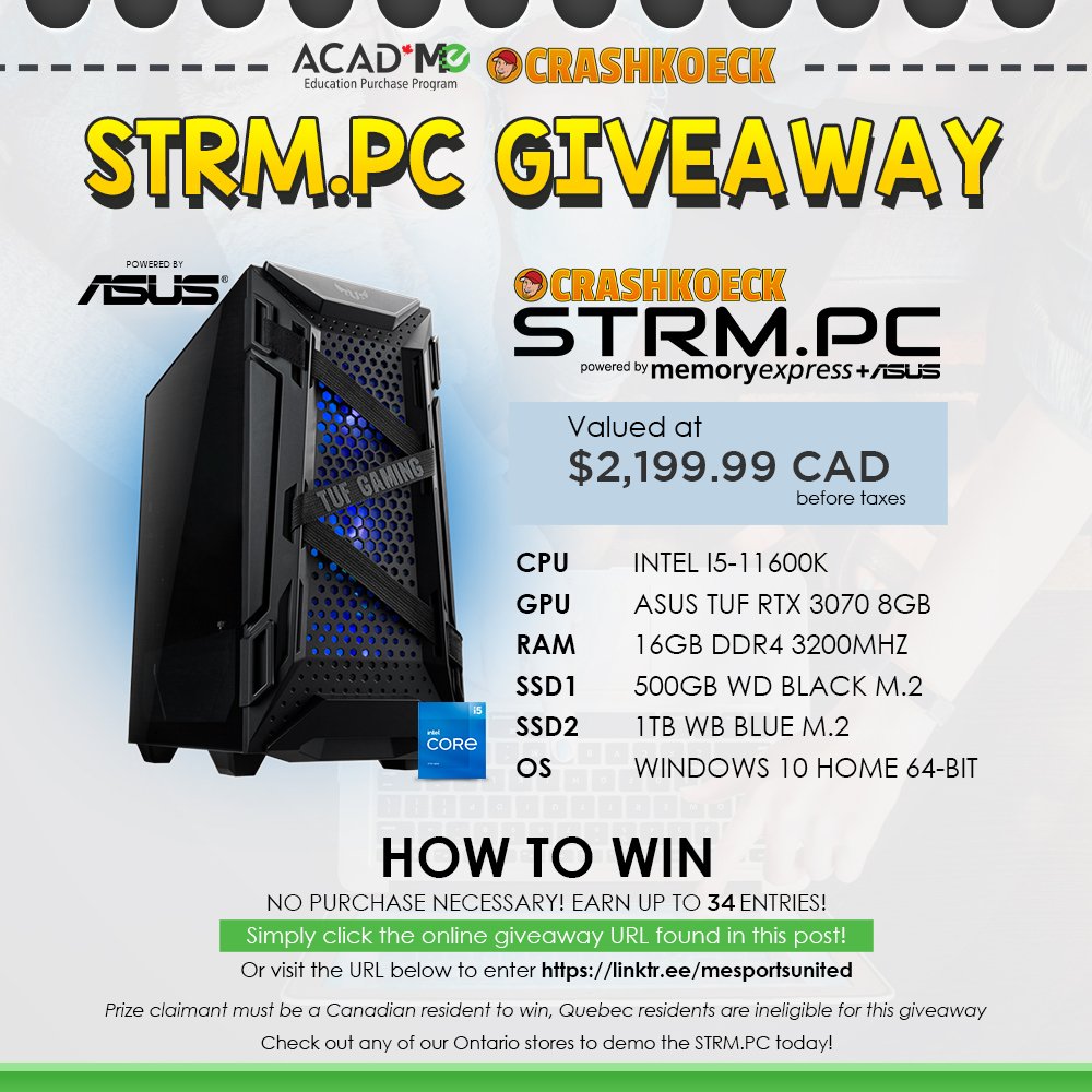 Hey fellow Canadians! Another STRM.PC GIVEAWAY is here! Powered by @ASUSUSA built in partnership with @CrashKoeck. Enter GIVEAWAY: bit.ly/3rObLgx 2. And students! More discounts below! ACADME public beta is here! (Ontario post-secondary only.) linktr.ee/mesportsunited