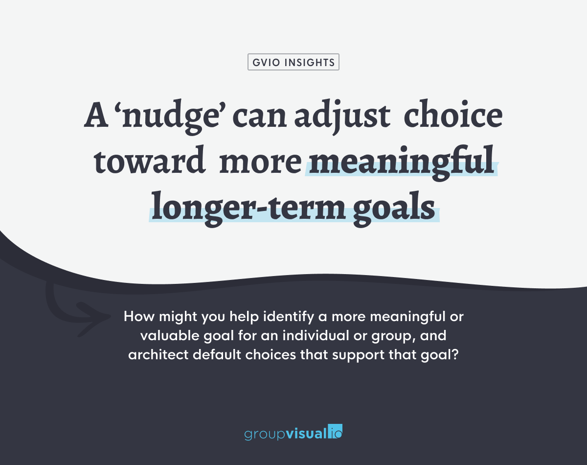groupvisualio's tweet photo. A ‘nudge’ can orient people's behavior toward achieving more meaningful goals. How might you help architect default choices to support a valuable goal?

Book recommendation → "Nudge" by @R_Thaler &amp; @CassSunstein 

 #productdesign #uxdesign #ux #uxd https://t.co/Pcjrst4P0I