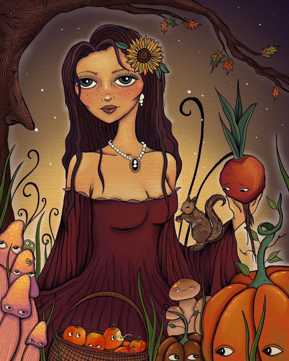 danigdoodle's tweet photo. A Fruitful Autumn Harvest🍁🍄
. 
My new autumnal muse is available as an 11x14 poster on Etsy. All autumnal totes, past illustrations, pumpkin illustration collection, stickers etc. are available too!
.
Click the link to shop: https://t.co/yMmBtKzA0q https://t.co/e07owGS3vG