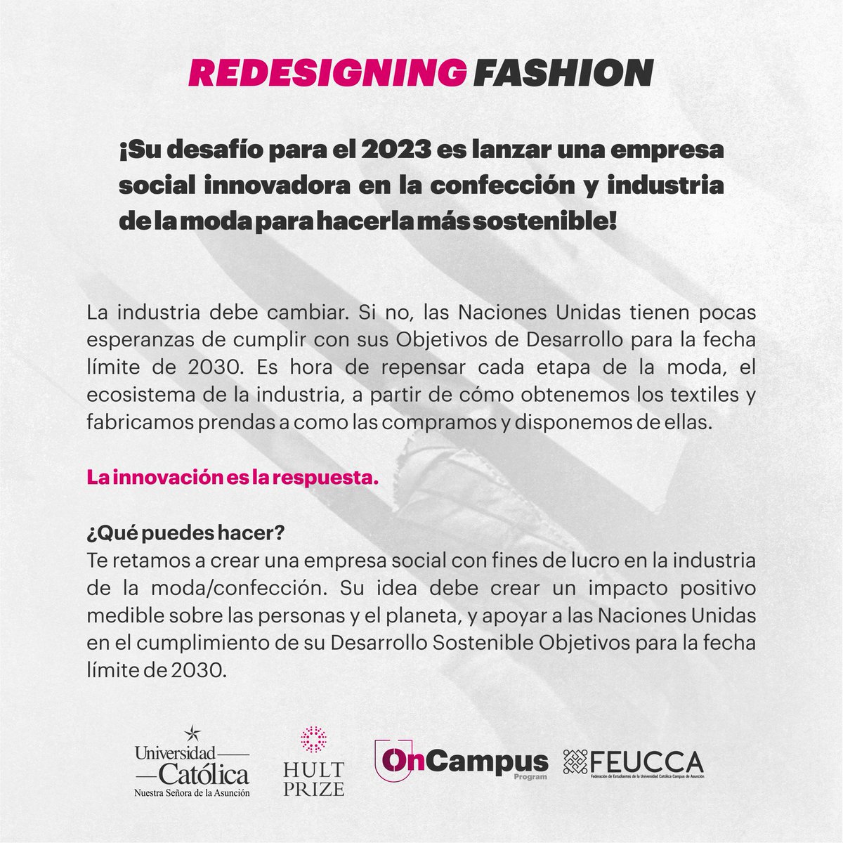 ¡REDESIGNING FASHION! 👕👚👖🧶🧵
 
La innovación es la respuesta. Y por eso, la industria debe cambiar. Es hora de repensar cada etapa de la moda creando un impacto positivo a través de la misma🎈🧵
 
¿Ya formaste tu equipo? Arrobalos @ y estén atentos para más novedades 🤩👀