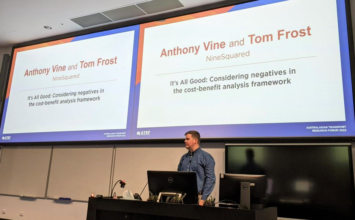 ninesquared81's tweet photo. Last week Anthony Vine presented "It’s All Good: Considering negatives in the cost-benefit analysis framework" to discuss the dis-benefits of projects at the Australasian Transport Research Forum (ATRF) conference. https://t.co/m9mFEs6o5x