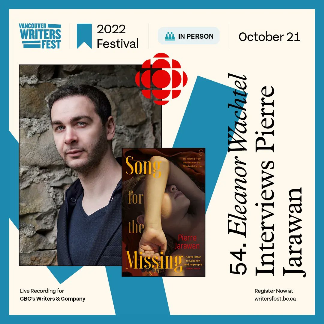 Every year, @CBC host @EleanorWachtel interviews one of world literature’s most exciting voices for @cbcbooks Writers & Company. This year, @pierre_jarawan joins us to discuss Song for the Missing, lauded by European and North American press alike. writersfest.bc.ca/festival-event…