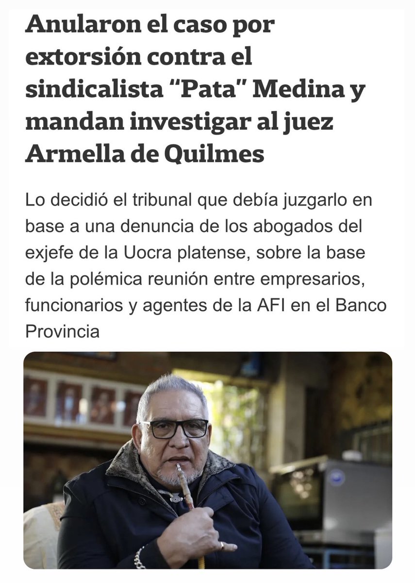 Voy a pedirle juicio político al juez que anuló el caso por extorsión del Pata Medina, un sindicalista mafioso que tuvo de rehén a la ciudad de La Plata y ahora goza del beneficio de estar cuidado por este gobierno.