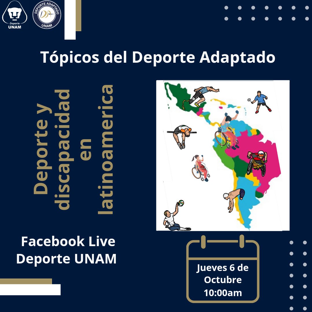 DAdaptadoUNAM's tweet photo. ⚠️👩🏻‍🦯👨🏻‍🦽 “Tópicos del Deporte presenta: “Deporte y discapacidad en latinoamerica"

📆  Jueves 6 de Octubre 2022
⏰ 10:00 horas 🇲🇽 🇨🇴

👉 Facebook Live de Deporte UNAM 

#UNAM #DeporteAdaptado #DeporteAdaptadoUNAM 
#OrgulloADAUNAM
#SoyDeporteUNAM #Discapacidad https://t.co/7EyG5TFL4S