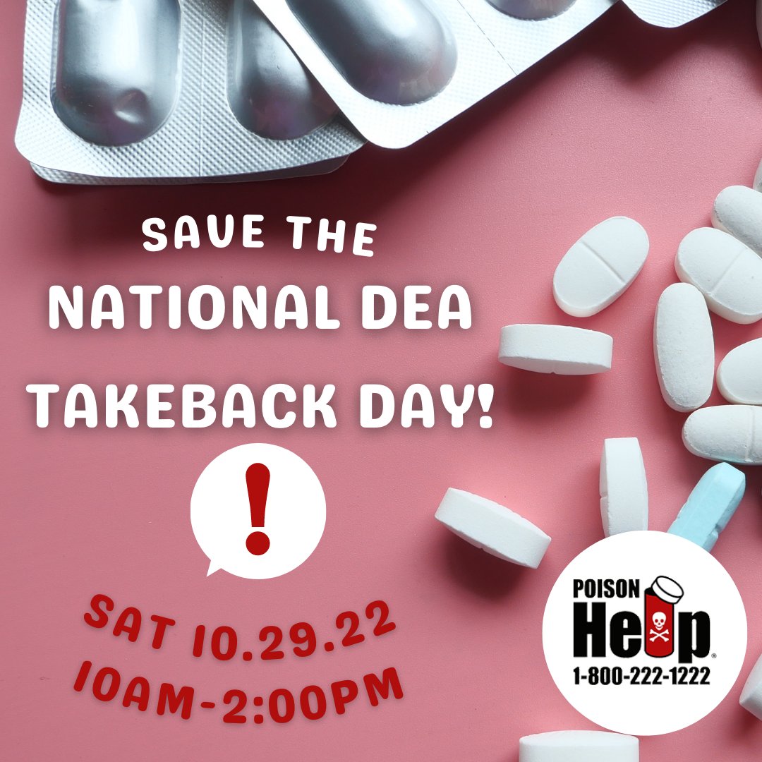 TXPoisonControl's tweet photo. Mark your calendars! The National DEA Take Back program is Saturday, October 29, 2022 at 10A.
For more information, visit here: https://t.co/OA59ZDnFEi
#medtakeback #PoisonHelp #PreventPoison https://t.co/QJrTAQw9Mn