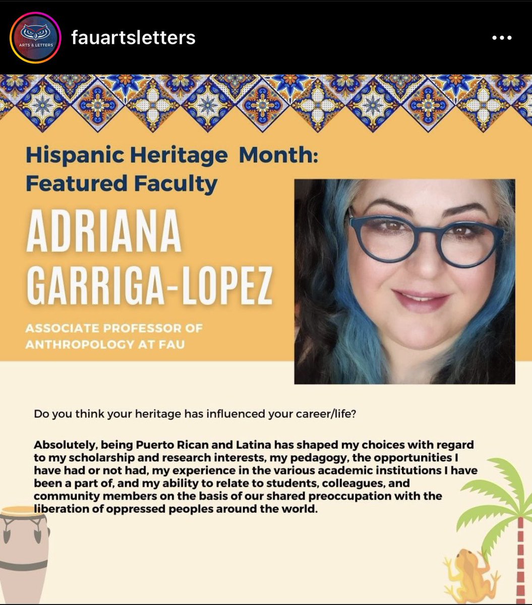 Resharing from the <a href="/FAUArtsLetters/">Florida Atlantic College of Arts and Letters</a> Instagram page: an interview with <a href="/FAUAnthropology/">FAU Anthropology</a> Prof. Dr. Adriana Garriga-López for Hispanic Heritage Month! @anthrorican <a href="/FloridaAtlantic/">Florida Atlantic University</a>