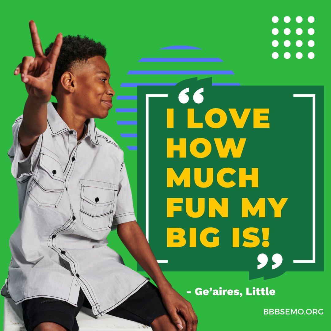 Here's Little Bro Ge'Aires! Ge' wanted a Big "to go places with." His Big Bro Kevin wanted the same. In December, Ge' &amp; Kevin will reach 4 years of great times. Add some fun to a youth's life and yours! Apply to become a Big Brother or Big Sister today! bbbsemo.org/play-it-forwar…