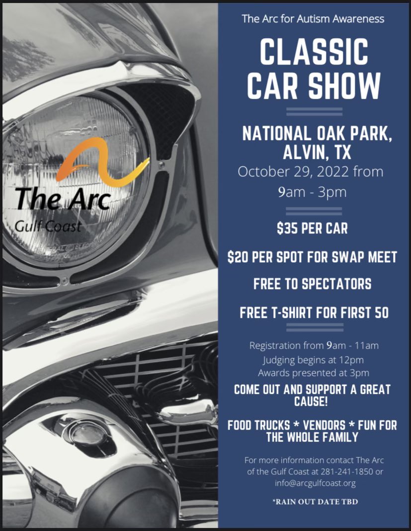 Come out and support The Arc of the Gulf Coast! Fun for the whole family! Contact the Arc at info@arcgulfcoast.org if you want to be a part of the car show. There’s still time for Classic car owners, vendors and food trucks to join!