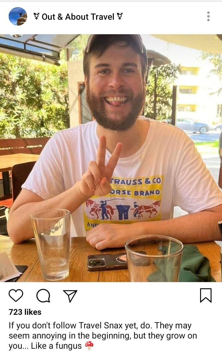 Jim And Olu's IG: pic of Lucius smiling for the camera at a restaurant. Caption reads "If you don't follow Travel Snax yet, do. They may seem annoying in the beginning, but they grow on you... Like a fungus. 