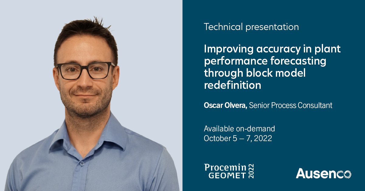 Ausenco's tweet image. How do we redefine the geometallurgical block models of an operating mine? Oscar Olvera talks about this and more in his on-demand presentation at Procemin-Geomet 2022. bit.ly/3SjGfm0 #FindABetterWay #Mining #OperationsOptimization #ProceminGeomet2022