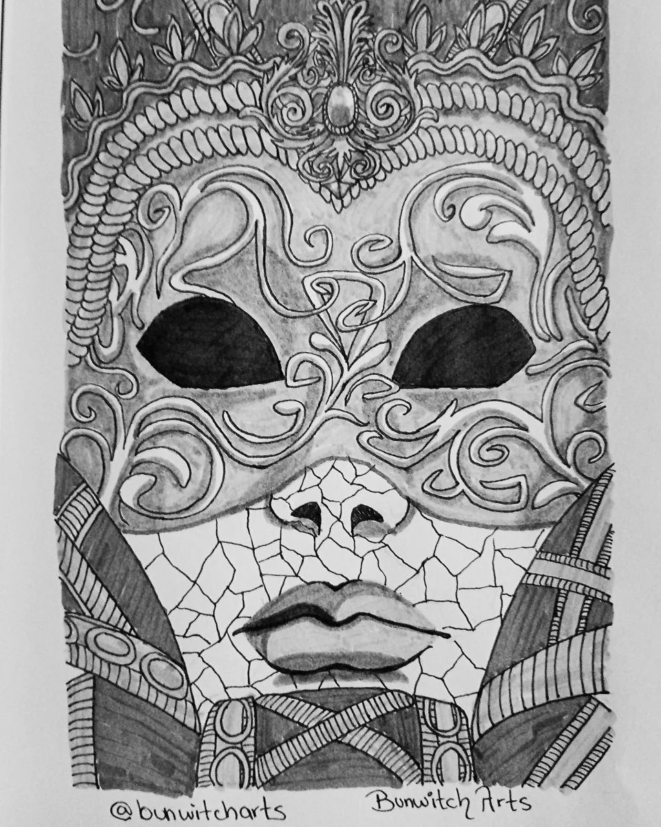 Witchtober Day 4: Mask.
#witchtober #witchlistge #witchtober2022 #inkoctober #inkoctober2022 #inkoctoberchallenge #ink #inkdrawing #inkart #inkpen #inkpendrawing #inkpenart #イラスト #illustration #ilustracion #venicecarnival #venicecarnivalmask #mask #day4