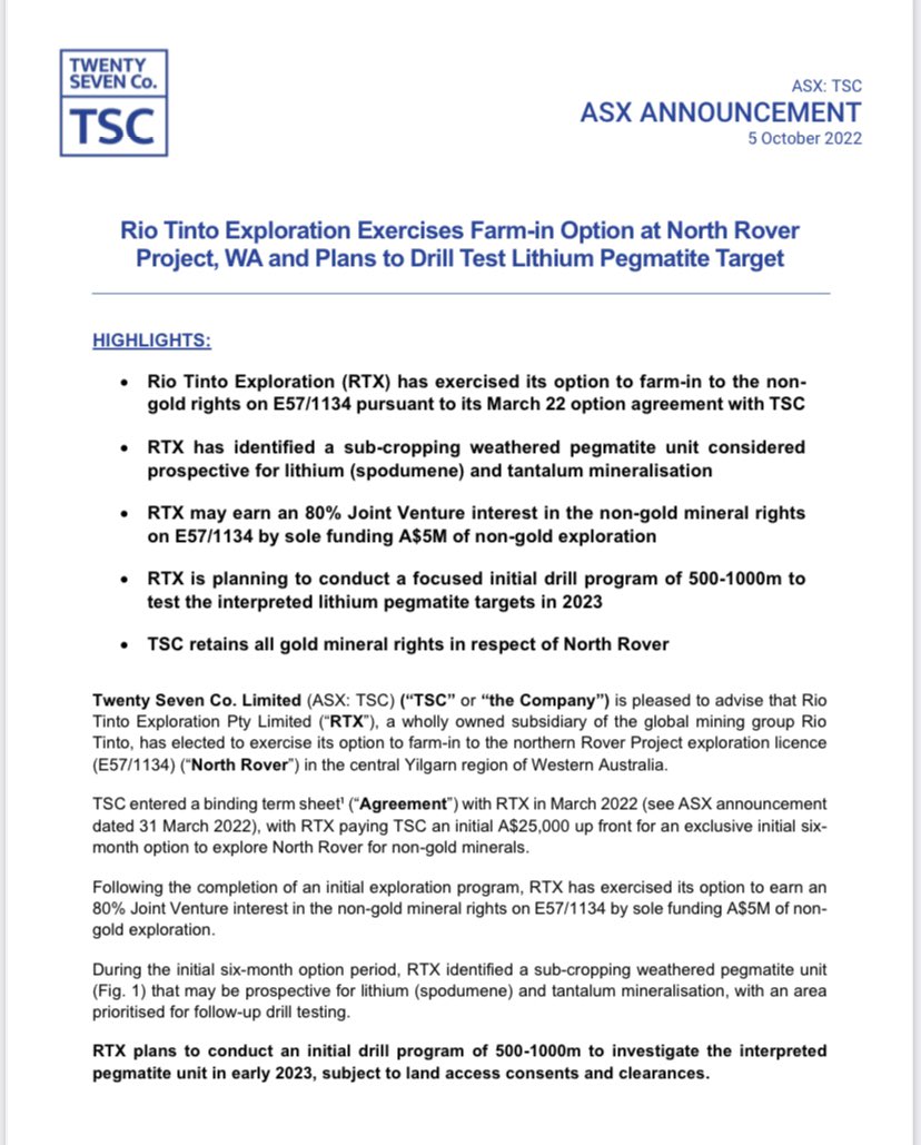 sache. on Twitter "TSC Rio Tinto Exploration Exercises Farmin Option at North Rover Project