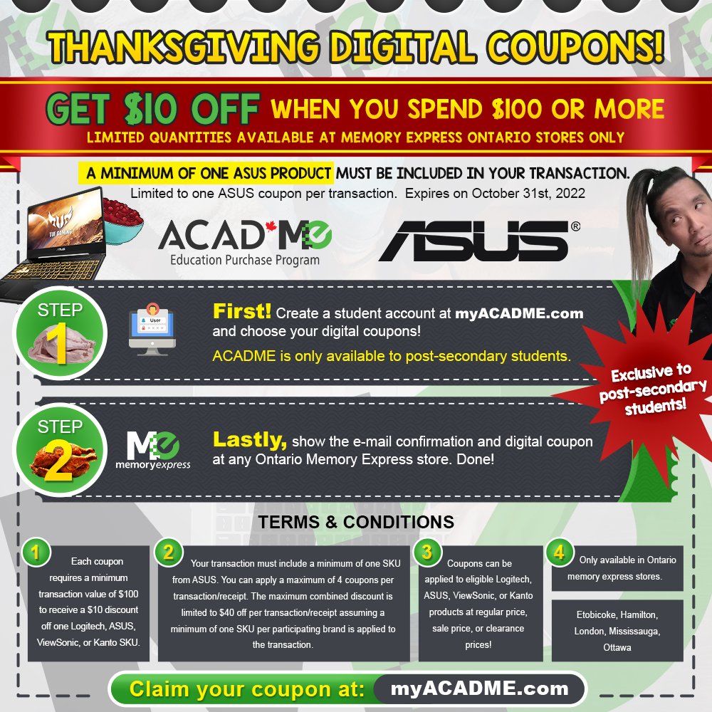 Hey hey students! Want some more savings? @ASUSUSA has your back! ACADME digital coupons can be used in-store at Ontario Memory Express stores only. Click below to claim your ASUS coupon (Ontario post-secondary students only) linktr.ee/mesportsunited