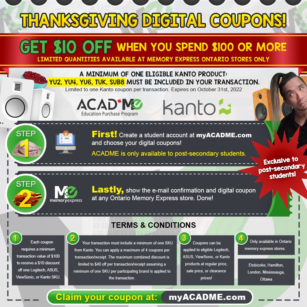 Ok last one! ...Students let's save save save! @kantoaudio got ya covered too! ACADME digital coupons can be used in-store at Ontario Memory Express stores only. Click below to claim your Kanto coupon (Ontario post-secondary students only) linktr.ee/mesportsunited